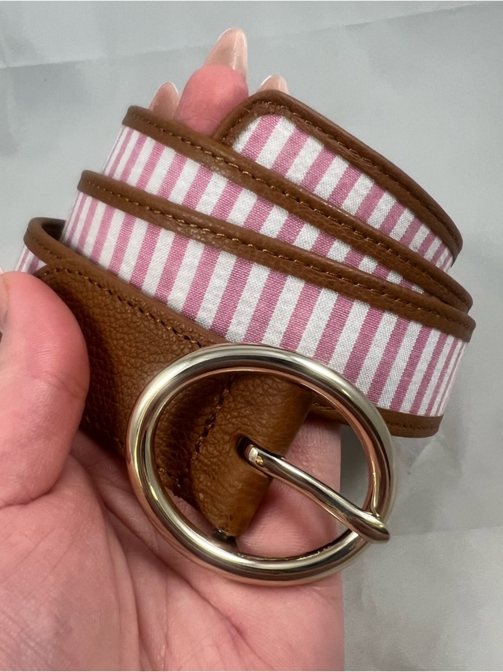 Talbots Women’s Pink & White Striped Brown Leather Trim Belt Size M